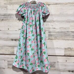 Classic Whimsy Smocked Dress Girls 6 Blue Pink Rose Floral Cottagecore EUC